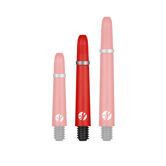 Shot Koi Carbon Shafts - Rood Das Bild zeigt drei rote Dartschafts in unterschiedlichen Längen. Sie haben schwarze Gewinde und Silberringe zur Befestigung.