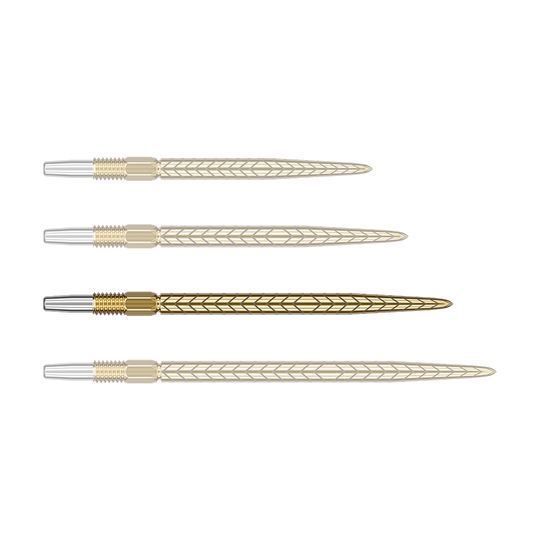 Target Swiss Point RVE darttips - Goud Auf dem Bild sind vier goldene Dartspitzen mit einem Muster zu sehen. Sie liegen parallel nebeneinander auf einem grünen Hintergrund.