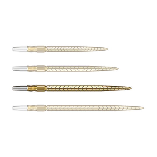 Target Swiss Point RVE darttips - Goud Alle Dartspitzen sind goldfarben und werden einzeln nebeneinander gezeigt. Die Oberfläche der Spitzen wirkt glatt.