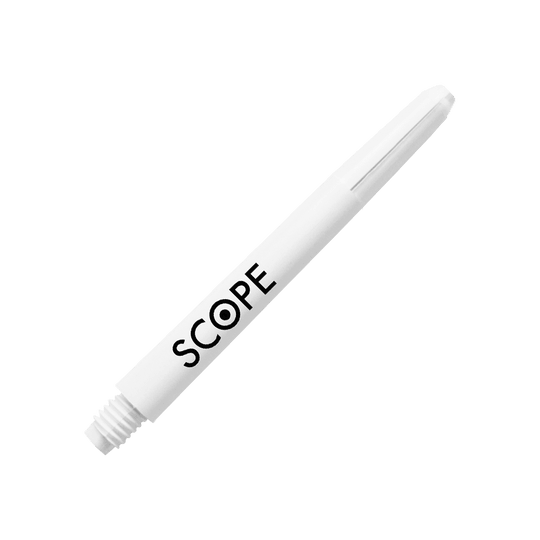 527_McDart_Scope_Nylon_Shafts_Weiss_48mm_2 Das Bild zeigt einen weißen Nylon-Schaft für Darts mit der Aufschrift "SCOPE". Es handelt sich um das Produkt "McDart Scope Nylon Shafts".
