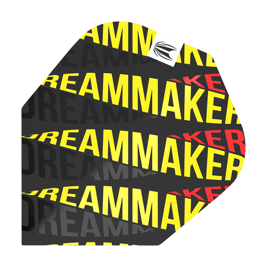 TG79_336530_Target_Pro_Ultra_Dimitri_Van_Den_Bergh_80_No6_Flights_1PJeQxdzcWyWrv Das Bild zeigt das Dartflight "Target Pro Ultri Dimitri Van Den Bergh 80 No6". Das Flight ist schwarz mit dem gelben und roten Schriftzug "DREAMMAKER" bedruckt.