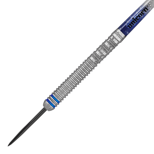 29020_Unicorn_W_C_Gary_Anderson_Phase_5_Steeldarts2 Das Bild zeigt einen steeldart mit silbernem, gerilltem Griff und einer blauen Verzierung. Auf dem oberen Teil des Darts steht der Markenname "Unicorn".