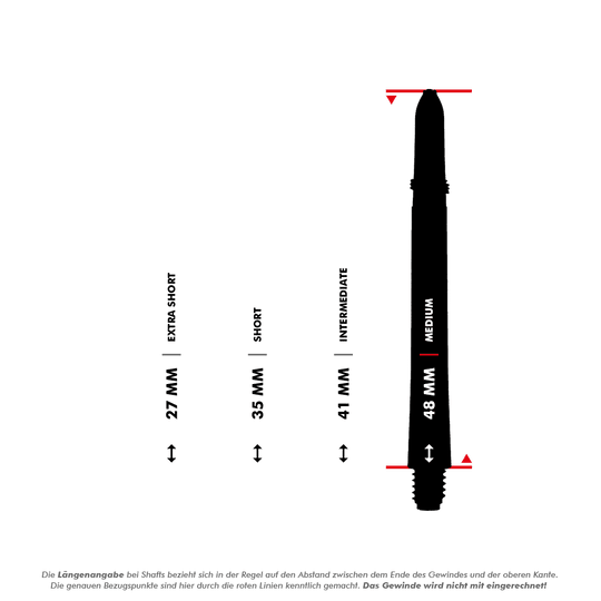 C175_Red_Dragon_Crossfire_Carbon_Fibre_Shafts_5_48mm Das Bild zeigt die RedDragon Crossfire Carbon Fibre Shafts in vier verschiedenen Längen: 27 mm, 35 mm, 41 mm und 48 mm. Jede Länge ist mit einer Bezeichnung wie Extra Short, Short, Intermediate und Medium versehen.