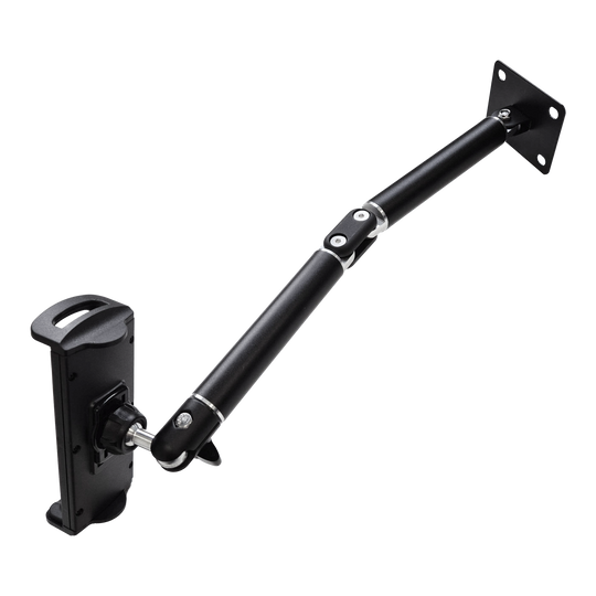 McDart TABFlex tablet muurbeugel met flexibele arm Dieses Bild zeigt die McDart TABFlex Tablet Wandhalterung mit flexiblem Arm. Die Halterung ist schwarz und lässt sich an der Wand befestigen, um ein Tablet flexibel auszurichten.