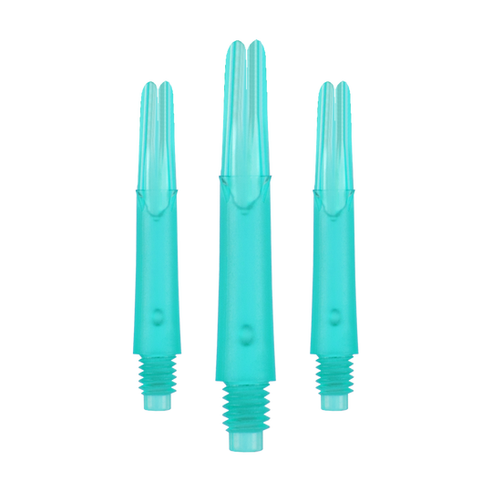 L-Style L-schachten vergrendeld recht - Smaragd Das Bild zeigt drei türkisfarbene Dartshafts aus Kunststoff in einer Reihe. Sie haben ein gerades Design und sind unten mit einem Gewinde versehen.