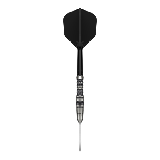 Target Japan Zwart Merk Heracles Steeldarts Dieses Bild zeigt einen Target Japan Black Marque Heracles Steeldart. Der Dart hat eine schwarze Flight und einen silbernen, gerillten Barrel.