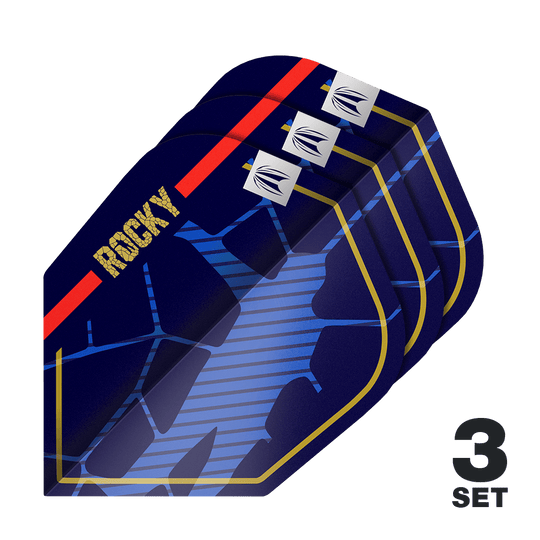 Target Pro Ultra Josh Rock GEN1 No6 Vluchten - 3 Sets Das Bild zeigt drei Sätze der Target Pro Ultra Josh Rock GEN1 No6 Flights. Die Flights sind dunkelblau mit goldenen, roten und blauen Designelementen sowie dem Schriftzug "ROCKY".