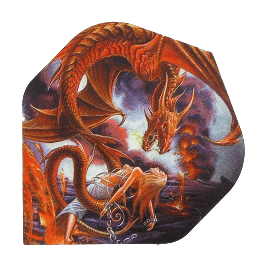 Alchemy Forge Of Vesuvius No2 Standaardvluchten Auf dem Bild ist ein roter Drache zu sehen, der Feuer speit. Vor ihm kniet eine gefesselte Frau, während im Hintergrund Lava und Rauch aufsteigen.