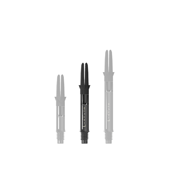 Auf dem Bild sind drei schwarze Carbon-Shafts für Dartpfeile in unterschiedlichen Längen zu sehen. Sie stehen nebeneinander aufrecht aufrecht und besitzen alle denselben Aufbau.