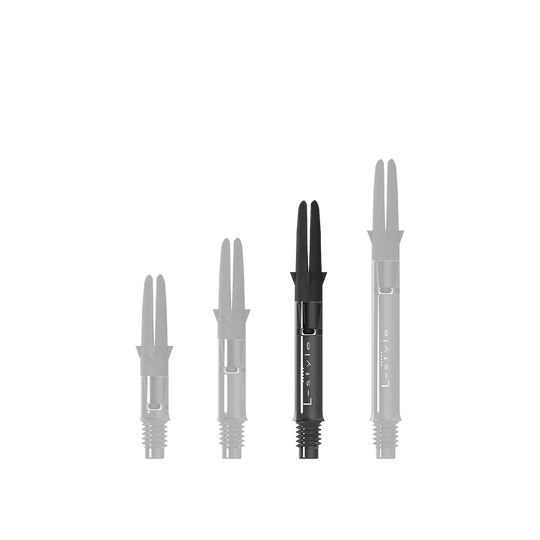 L-L-Style-Shaft Carbon Silent Straight - Zwart Auf dem Bild sind drei schwarze Carbon-Shafts für Dartpfeile in unterschiedlichen Längen zu sehen. Sie stehen nebeneinander aufrecht aufrecht und besitzen alle denselben Aufbau.