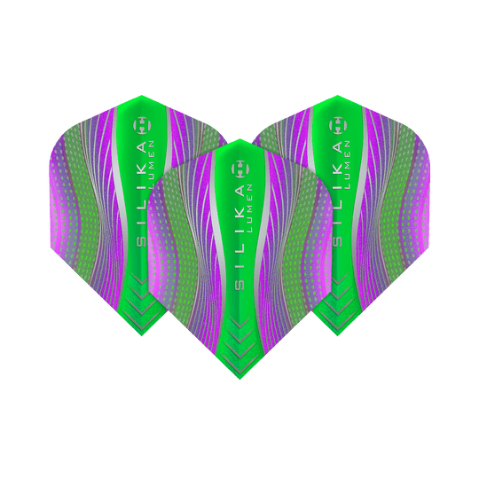 HF5125_Harrows_Silikia_Lumen_Purple_Green_No6_Flights_1yJ34B48Q5pQhO Harrows Silika Lumen Purple Green No6 Flights. Die Abbildung zeigt Dartflights mit lila und farbigen Details.