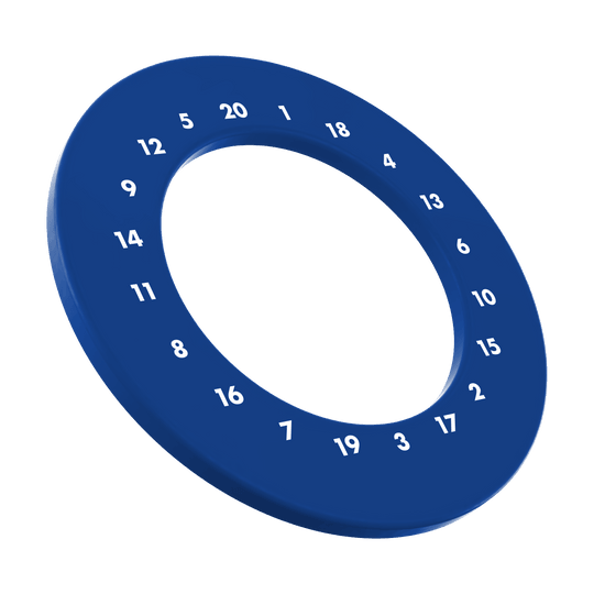 Dies ist ein Foto eines blauen Dartboard-Surrounds ohne Logo. Das Surround ist kreisförmig und umgibt ein Dartboard.