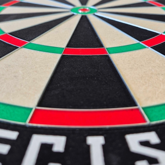 Das Bild zeigt eine Nahaufnahme eines McDart Precision Steeldartboards. Die farbigen Segmente und die scharf abgegrenzten Felder sind deutlich zu erkennen.