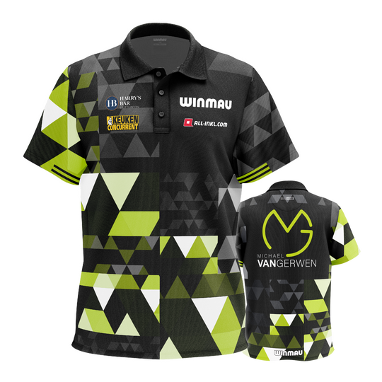 Winmau Michael Van Gerwen poloshirt met faneditie Das Bild stellt das Winmau Michael Van Gerwen Fan-Edition Poloshirt dar. Es ist ein spezielles Fan-Shirt im Stil von Michael Van Gerwen.