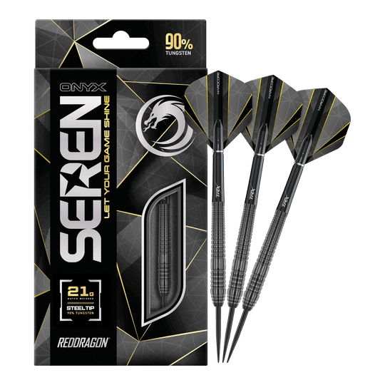 Das Bild zeigt die Red Dragon Seren 2 Onyx Steeldarts mit 21 Gramm Gewicht. Die Darts bestehen aus 90% Tungsten und haben ein elegantes schwarzes Design.