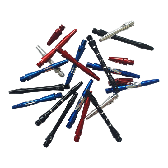 Alu-Shaft Verrassingsset - 7 sets Das Bild zeigt eine Auswahl an bunten Aluminiumschäften für Dartpfeile. Die Schäfte sind in verschiedenen Farben wie Rot, Blau, Schwarz und Silber enthalten.