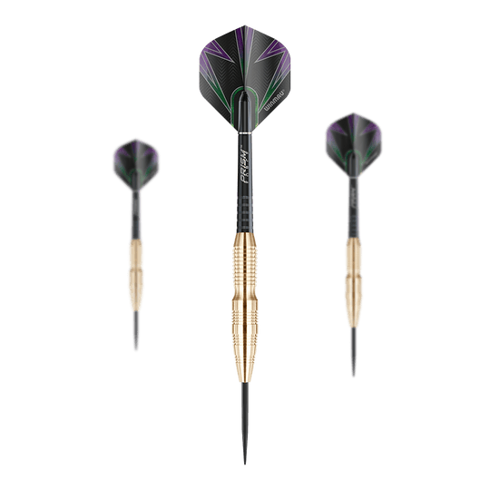 Winmau Simon Whitlock Messing Steeldarts Winmau Simon Whitlock Brass Steeldarts nebeneinander angeordnet. Die Oberfläche der Darts ist matt und detailreich.