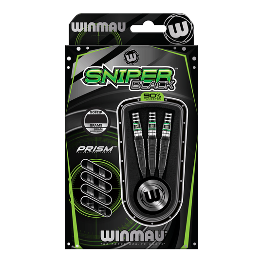 Winmau Sniper Black 2025 zachte darts - 20g Die Abbildung zeigt die Winmau Sniper Black 2025 Softdarts mit einem Gewicht von 20 Gramm. Die Verpackung ist in Schwarz und Grün gehalten und enthält drei Softdarts mit 90% Tungsten.