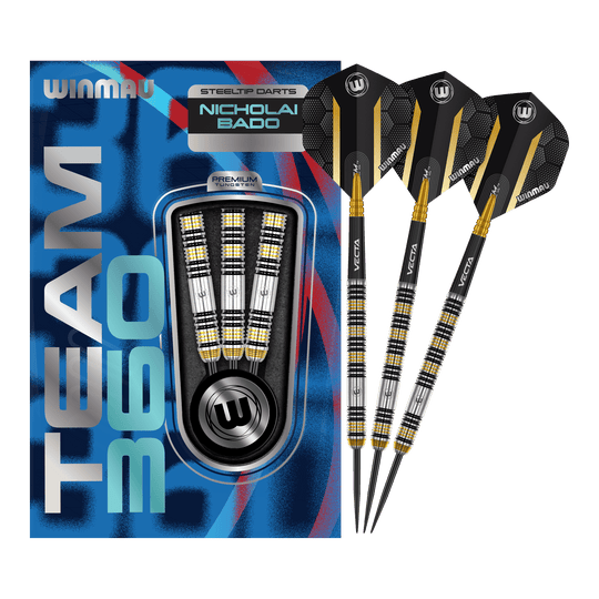 Winmau Team 360 Nicholai Bado Steeldarts-23g Das Bild zeigt die Winmau Team 360 Nicholai Bado Steeldarts mit 23 Gramm. Diese Darts sind für Präzision und Leistung im Spiel entwickelt.