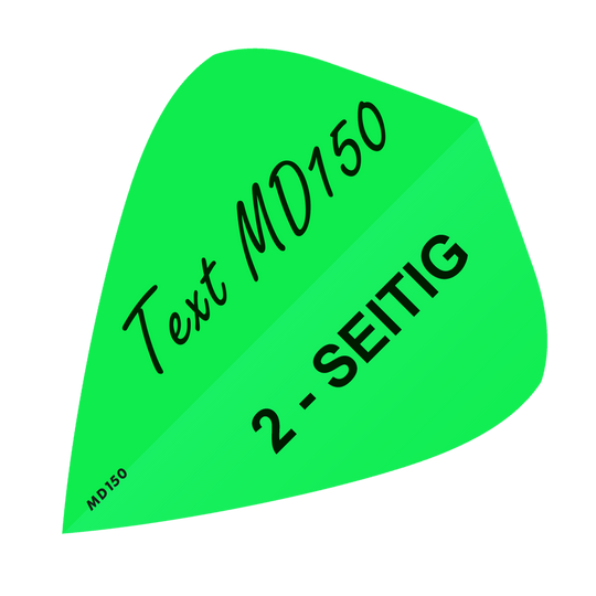 MD-303_2-Seitig_Bedruckte_Flights_Wunschtext_MD150_Neongr-n_Kite_1 Das Bild zeigt einen neon-grünen Flight in einer Kite-Form. Auf dem Flight steht der Text „Text MD150“ und „2-SEITIG“.