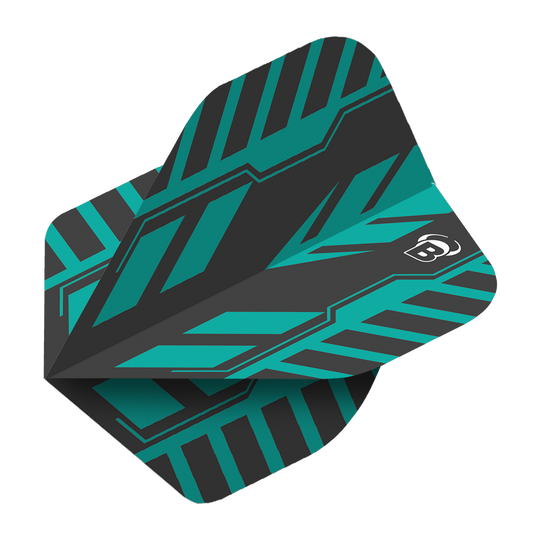 Das Bild zeigt das Produkt "Bulls B-Star Veco No2 Standard Flights". Es hat ein modernes, grafisches Design in Schwarz und Türkis mit einem weißen "B"-Logo.