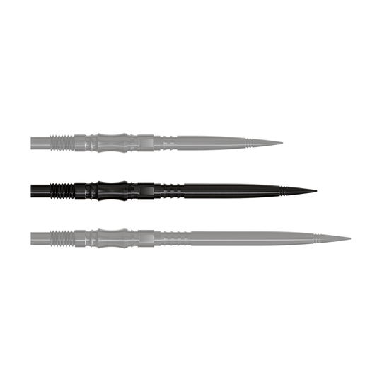 Axis Black Elite Series Dartspitzen in 35mm Länge sind zu sehen. Die Spitzen sind schwarz und schlank.