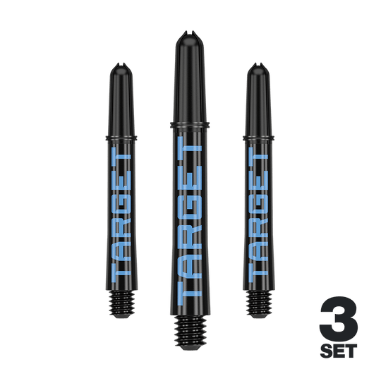 Target Pro Grip TAG Shafts - 3 sets - Zwartblauw Das Bild zeigt drei schwarze Dartschäfte mit blauer Aufschrift "TARGET". Unten rechts steht "3 SET", was auf ein Set aus drei Stück hinweist.