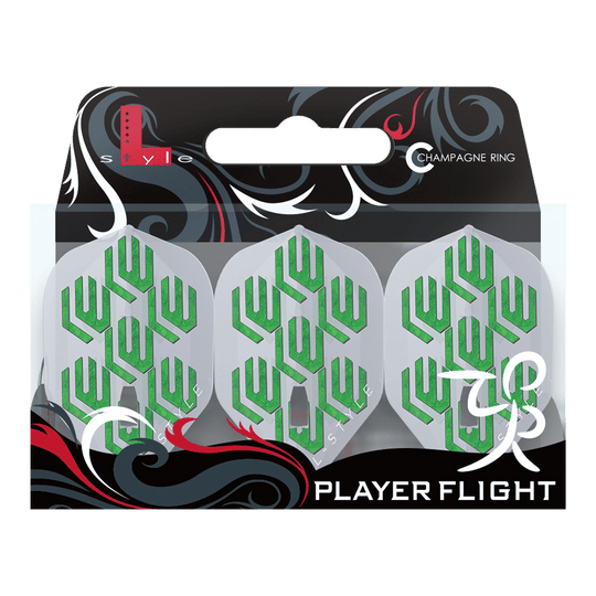 Das Bild zeigt die "L-Style Lukas Wenig V1 Clear White L1PRO Flights" in einer Verpackung. Die Flights sind weiß mit grünen geometrischen Mustern bedruckt.