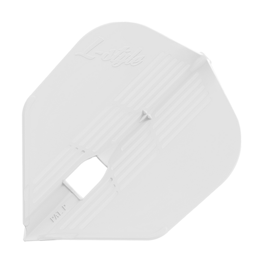 L-Style KAMI L3PRO-vluchten Dies ist ein weißes Dartflight mit der Aufschrift "L-style" auf der Oberfläche. Es hat ein strukturiertes Design mit einer rechteckigen Öffnung in der Mitte.