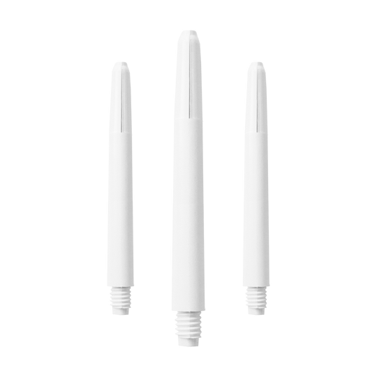 583_Nylon_Shafts_Schneeweiss_48mm_1KhbEmfNzhSggk Das Bild zeigt drei schneeweiße Nylon Shafts nebeneinander. Jeder Shaft hat ein Gewinde am unteren Ende und ist schlicht gestaltet.