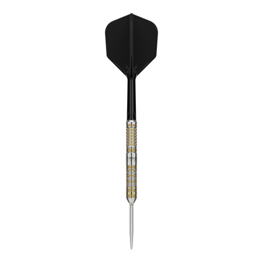 Das Bild zeigt einen Steeldart mit schwarzem Flight und gold-silbernem Barrel. Es handelt sich um das Produkt "Target Japan Black Marque Reyn GEN2 Steeldarts".