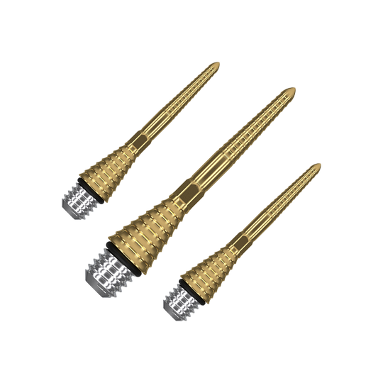380178_Target_Titanium_Swiss_Point_Grooved_Conversion_Points_Gold_26mm_1 Das Bild zeigt drei goldfarbene Target Swiss Point Grooved Conversion Points. Sie haben ein gerilltes Design und sind für Dartpfeile bestimmt.