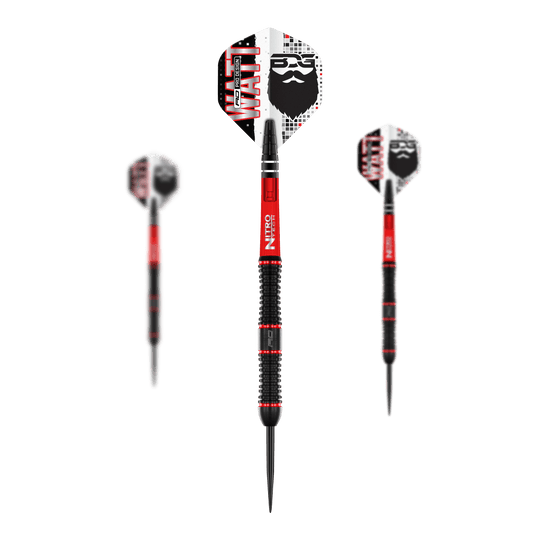 Red Dragon Jason Watt Steel Darts - 22g Das Bild zeigt drei Steeldarts des Modells "Red Dragon Jason Watt" mit einem Gewicht von 22g. Die Darts sind schwarz-rot und haben Flights mit einem Bartmotiv und der Aufschrift "WATT".