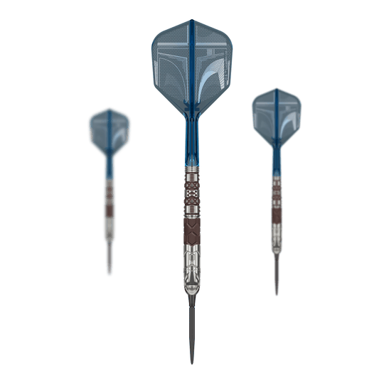 Target Star Wars Mandalorian 95 Swiss Point stalen dartpijlen Target Star Wars Mandalorian 95 Swiss Point Steeldarts sind auf dem Bild zu sehen. Es handelt sich um spezielle Steeldarts mit Mandalorian-Design.