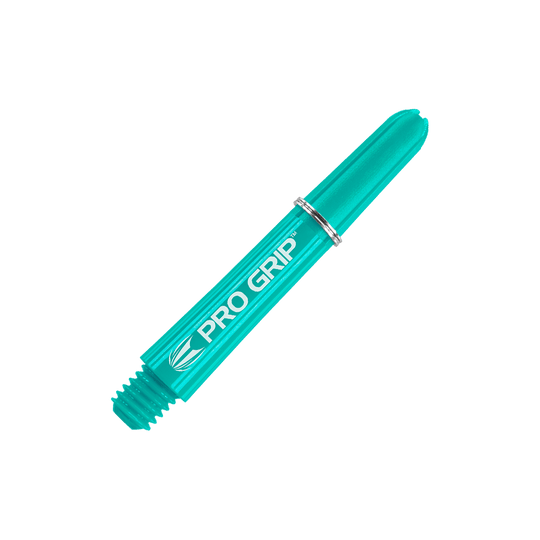 Target Pro Grip Shafts - 3 sets - Aqua Das Bild zeigt einen aqua-blauen Pro Grip Dart-Schaft mit silbernem Ring. Auf dem Schaft steht der Schriftzug „PRO GRIP“.