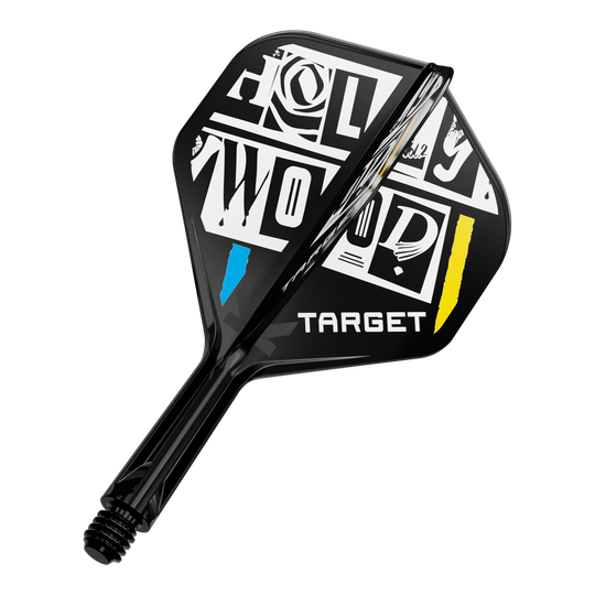 Target K-Flex Chris Dobey No2 Standaard Vluchtas Systeem Das Bild zeigt einen Dartpfeil-Flügel mit auffälligem schwarz-weißem Design und den farbigen Akzenten Blau und Gelb. Auf dem Flügel steht das Wort "TARGET" und ein grafisch gestalteter Schriftzug "HOLLYWOOD".