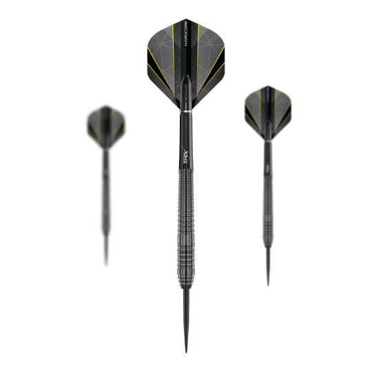 Auf dem Bild sind drei Steeldarts des Modells "Red Dragon Seren 2 Onyx" zu sehen. Die Darts haben schwarze Spitzen und auffällige Flights mit gelben Linien.