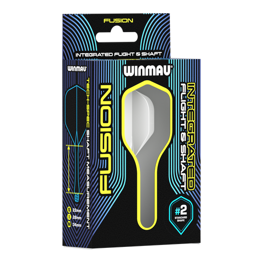 Winmau Fusion Flight Shaft System Standaard Wit Auf dem Bild ist eine Verpackung des Winmau Fusion Integrated Flight & Shaft Systems in Weiß zu sehen. Die Verpackung zeigt einen 22 mm langen Schaft mit der Standardform #2.