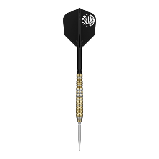 Das Bild zeigt einen Target Japan Hot Shot GEN2 Steeldart mit einem Gewicht von 23g. Der Dart hat eine goldene, strukturierte Spitze und schwarze Flights.