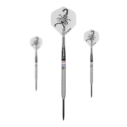 Dieses Bild zeigt ein Set der Bulls Challenger Kendji Steinbach Steeldarts - 23g. Die Darts sind für Präzision und ein komfortables Spielerlebnis gestaltet.