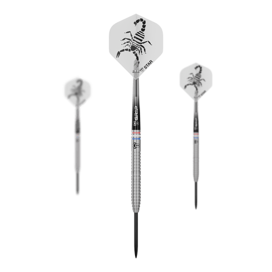 Bulls Challenger Kendji Steinbach Steeldarts - 23g Dieses Bild zeigt ein Set der Bulls Challenger Kendji Steinbach Steeldarts - 23g. Die Darts sind für Präzision und ein komfortables Spielerlebnis gestaltet.