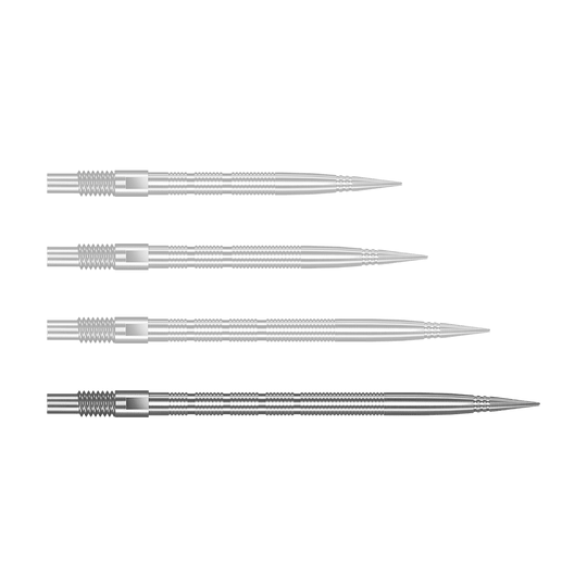 Abgebildet ist QP28023 Harrows Quick Point MicroRidge Dartspitzen Silber 40mm. Das Produkt sind silberne Dartspitzen für den Austausch.