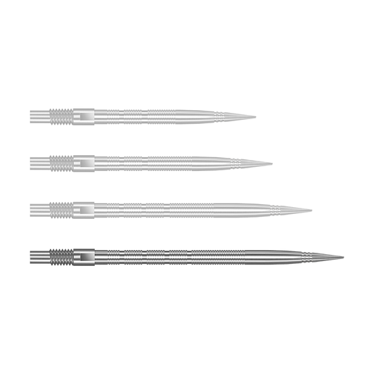 Harrows Quick Point Micro Ridge Dart Tips - Zilver Abgebildet ist QP28023 Harrows Quick Point MicroRidge Dartspitzen Silber 40mm. Das Produkt sind silberne Dartspitzen für den Austausch.