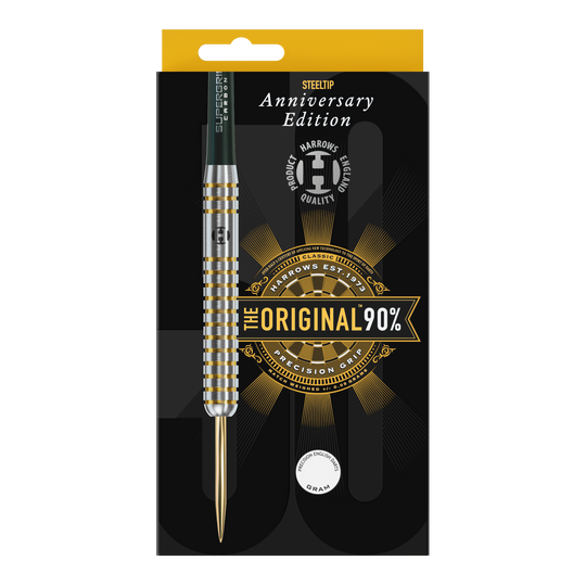 Harrows jubileumeditie De originele Steeldarts Auf dem Bild ist eine Packung mit einem Steeldart der Marke Harrows zu sehen. Die Verpackung zeigt die Aufschrift „Anniversary Edition“ und „The Original 90%“.