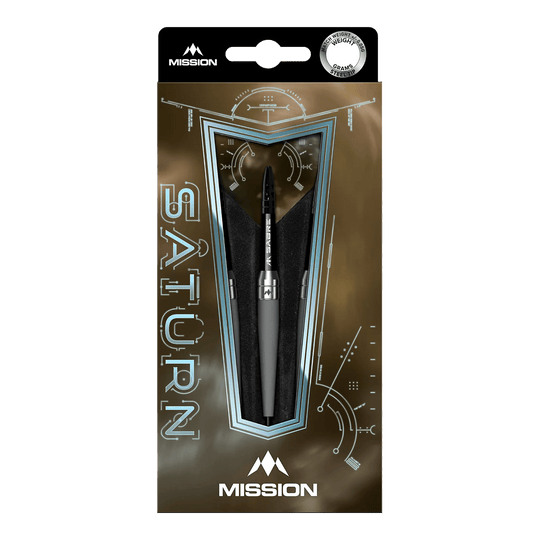 Mission Saturn Titan stalen darts Das Bild zeigt die Mission Saturn Titan Steeldarts in ihrer Verpackung. Die Verpackung ist modern gestaltet und hebt den Dart in der Mitte hervor.