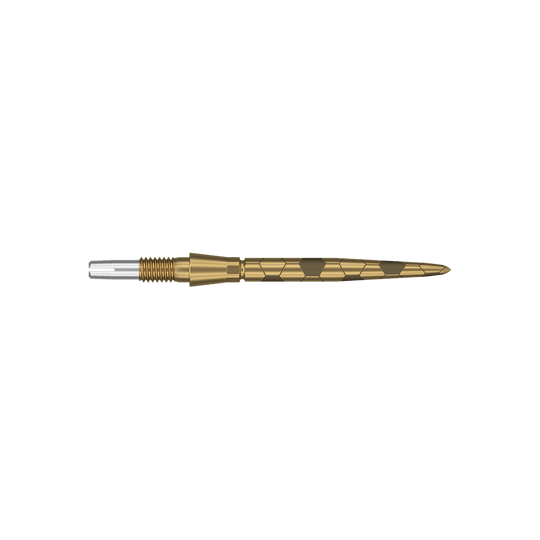 Target Swiss Storm Onyx Point Dartpunten - Goud Das Bild zeigt eine goldfarbene Dartspitze mit feinen eingravierten Mustern. Sie hat eine schlanke, spitz zulaufende Form und ist 26 mm lang.