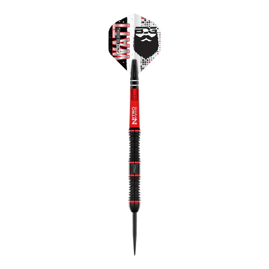 Red Dragon Jason Watt Steel Darts - 22g Das Bild zeigt den "Red Dragon Jason Watt Steeldart - 22g". Der Dartpfeil hat ein auffälliges Design in Schwarz, Rot und Weiß mit dem Namen „Watt“ und einem Bartmotiv auf der Flights.