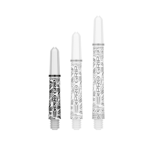 Das Bild zeigt drei weiße Dartshafts mit schwarzem Muster und der Aufschrift „PRO GRIP“. Sie sind in verschiedenen Längen nebeneinander angeordnet.