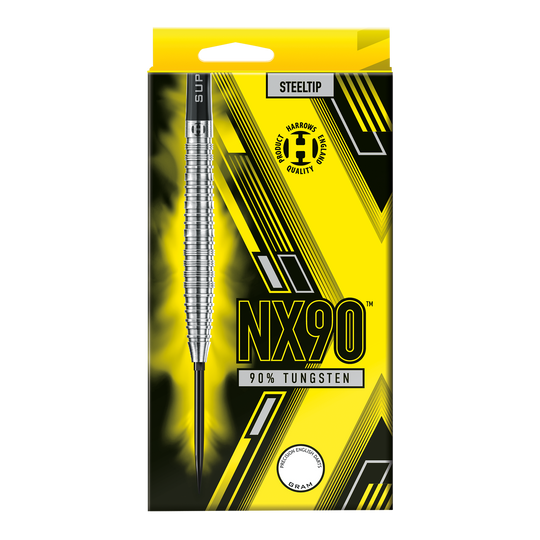 Die Abbildung zeigt die Harrows NX90 Tapered Quick Point Steeldarts. Diese Darts sind speziell für Genauigkeit und Kontrolle konzipiert.