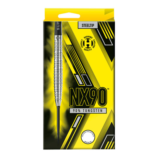 Harrows NX90 Taps Toelopende Quick Point Stalen Darts Die Abbildung zeigt die Harrows NX90 Tapered Quick Point Steeldarts. Diese Darts sind speziell für Genauigkeit und Kontrolle konzipiert.